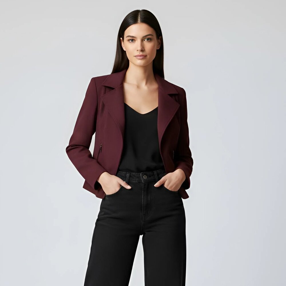 White House Black Market WHBM Shoulder Blazer Moto Jacket Maroon Burgundy 2